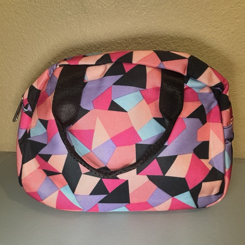 Colorful Geometric Insulated Lunch Bag Double Handles Side Pockets, Gold Zipper